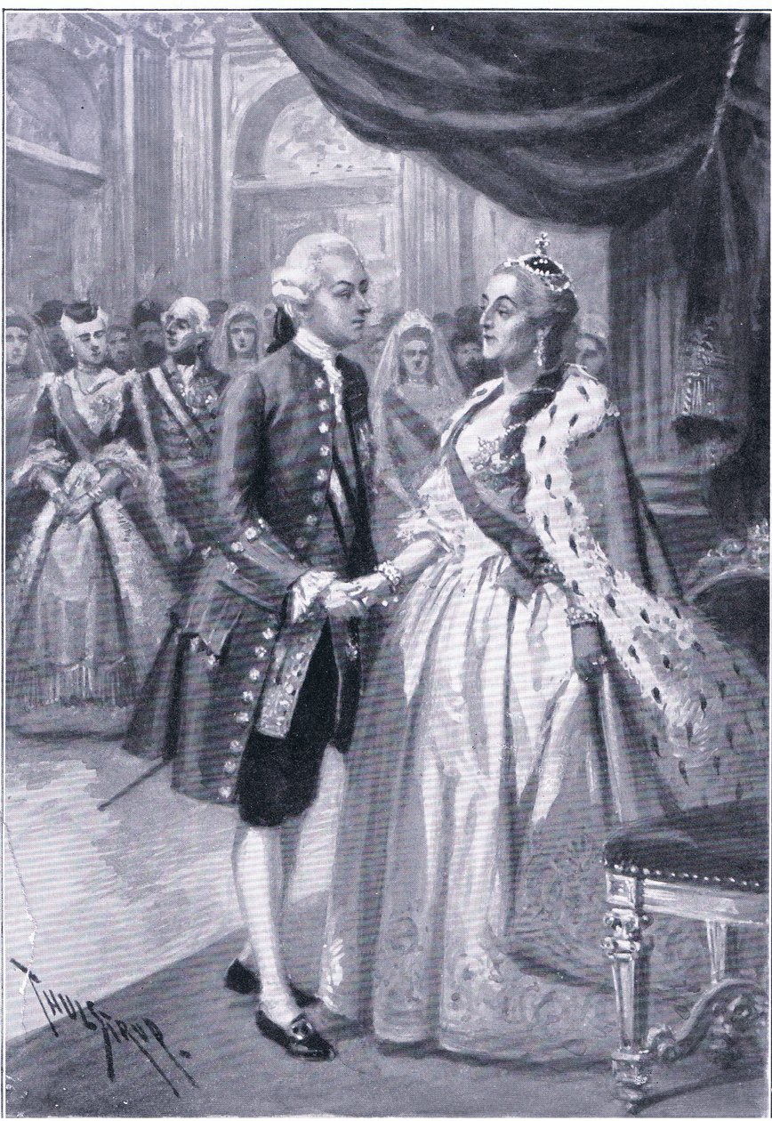 Encuentro de Catalina II de Rusia y José II de Austria, ilustración de Hitos en la Historia Europea publicada por Gresham Publishing Co, c.1920 de Thure de Thulstrup