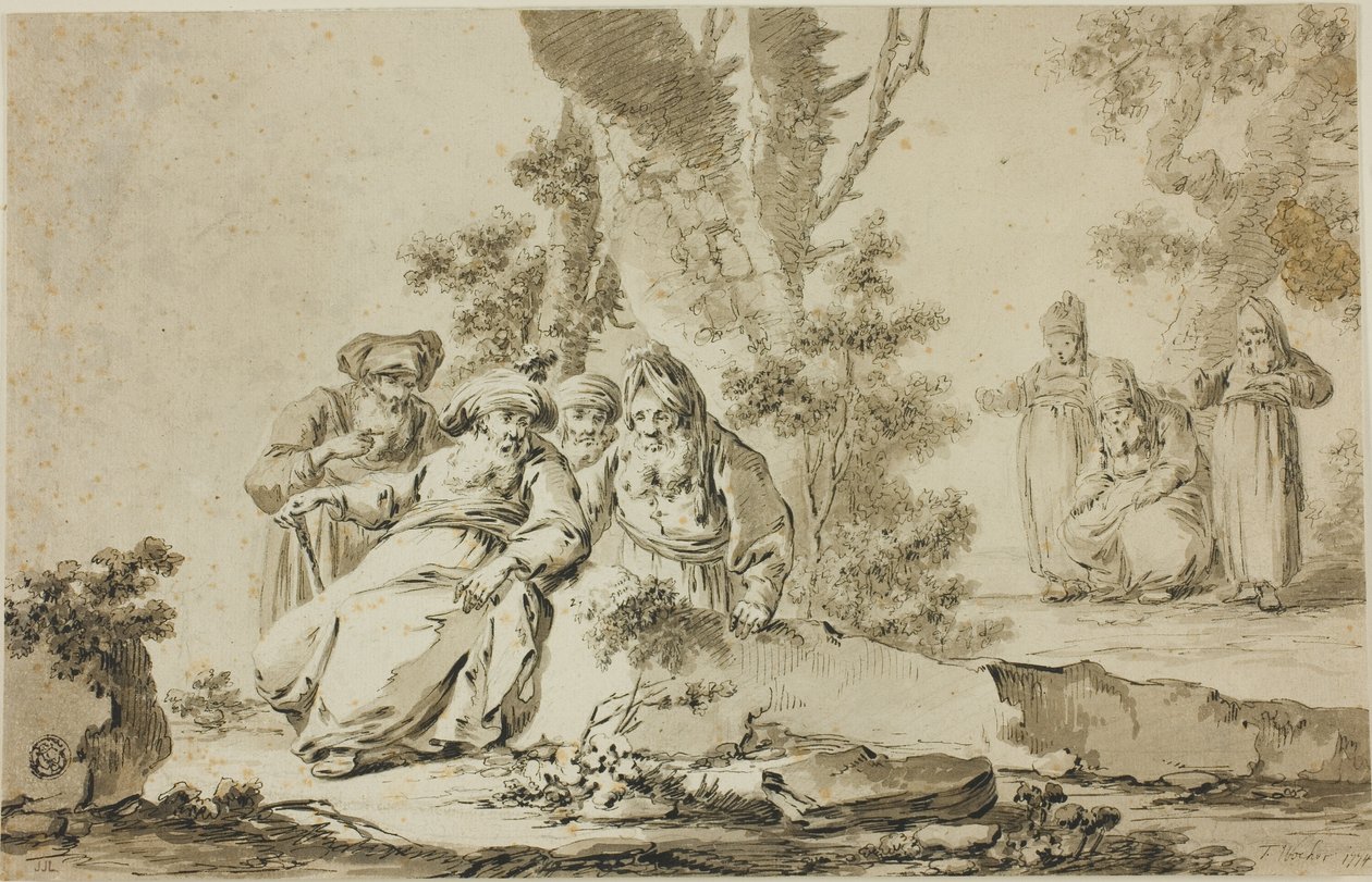 Figuras con vestimenta oriental en un paisaje de Tiberius Dominikus Wocher