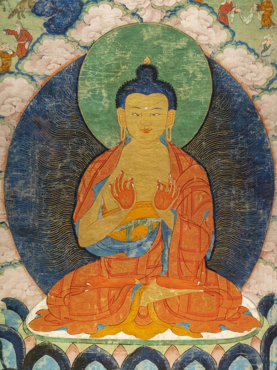 Buda y tres Jataka: Mahakapi, Ruru, Shaabhamiga de Tibetan School