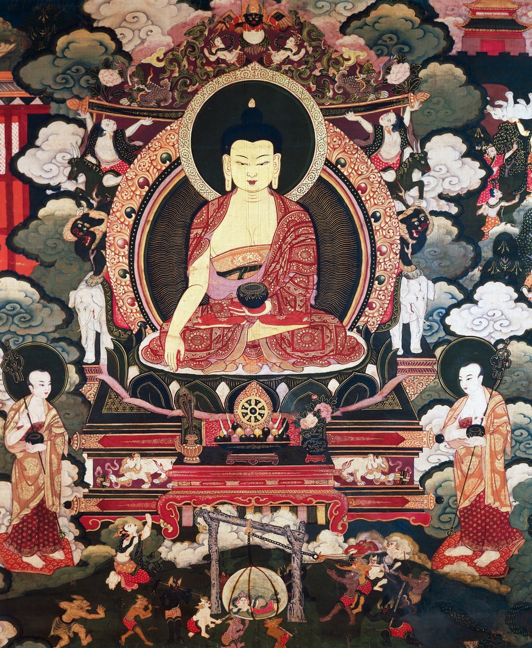 Buda sentado entre sus dos grandes discípulos Cariputra y Maudgalyayana, escenas de la vida de Buda Sakyamuni, civilización tibetana de Tibetan School