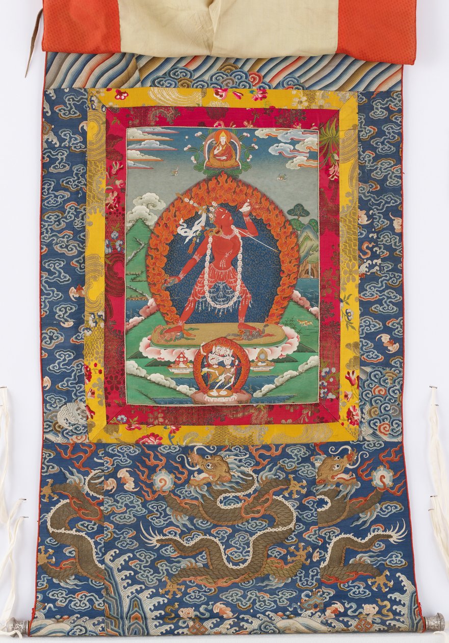Dakini, pintura del siglo XIX, bordes textiles del siglo XIX y XVIII de Tibetan School