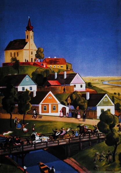 El típico pueblo húngaro, ilustración de un folleto turístico, c.1930-40 de Tibor Polya