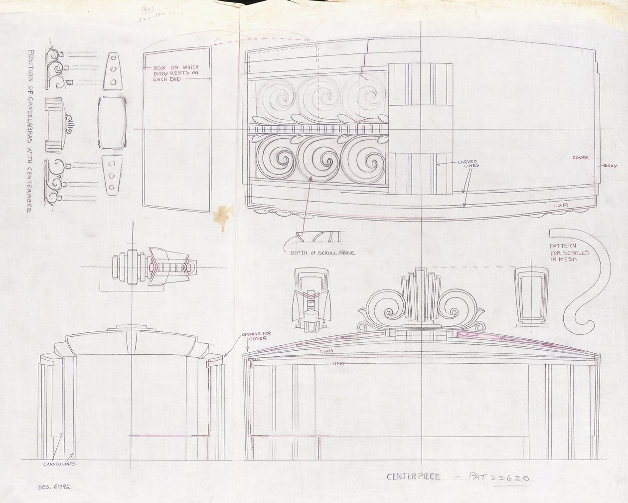 Un dibujo de diseño para un centro de exposición de Tiffany & Co. y dos candelabros de tres luces, hecho para la Feria Mundial de 1939, c.1939 de Tiffany and Company