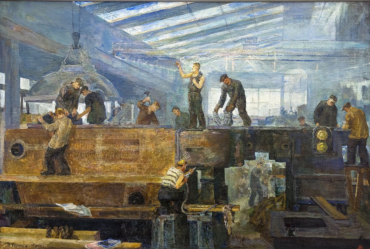 Le plan quinquennal - Turbine installation par Chernyshev, Tikhon Pavlovich (1882-1942). Óleo sobre lienzo, tamaño : 75x110 de Tikhon Pavlovich Chernyshev