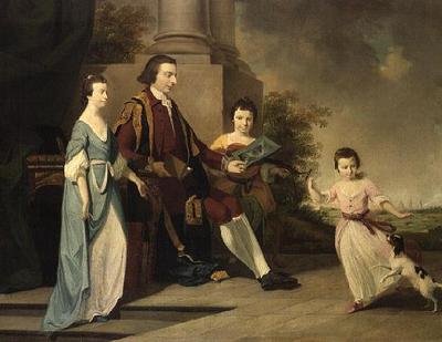 Thomas Noel, 2do Vizconde Wentworth, sentado con sus tres hermanas, Judith, Elizabeth y Sophia, en una terraza con Oxford detrás de Tilly (manner of) Kettle