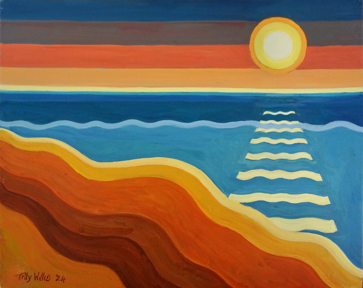 Atardecer en el océano, 2024 (óleo sobre tabla) de Tilly Willis