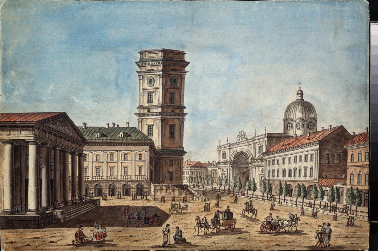 Vue de la perspective Nevsky a Saint Petersbourg (Vista de la avenida Nevsky en San Petersburgo) - Oeuvre de Timofei Alexeyevich Vasilyev (1783-1838), aquarelle et encre sur papier, vers 1810 - Art russe de Timofei Alexeyevich Vasilyev