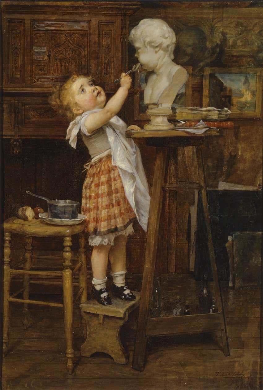 Niña Alimentando una Estatua de Timoleon Marie Lobrichon