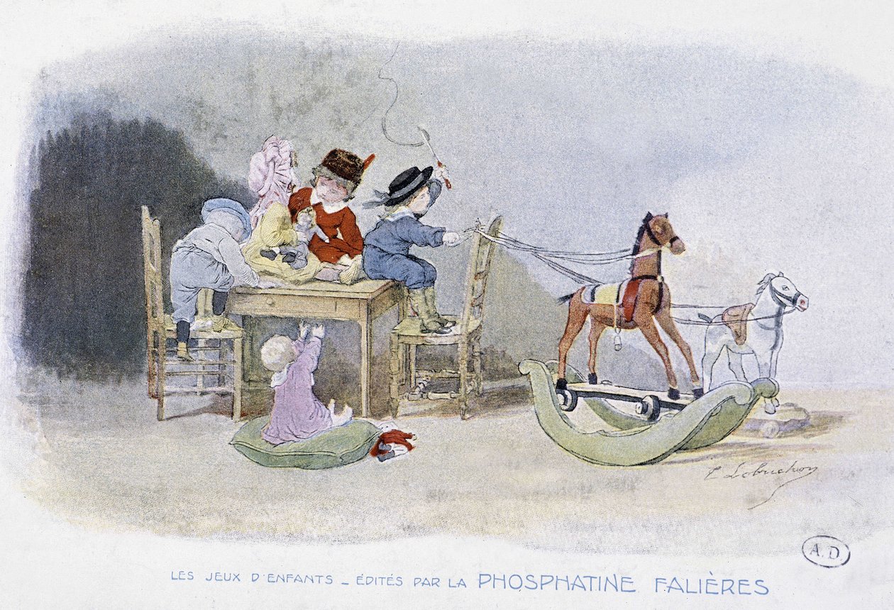 Juegos infantiles: caballos de balancín - dib. de Lobrichon, ed. por Phosphatine Falières, c.1920 de Timoleon Marie Lobrichon