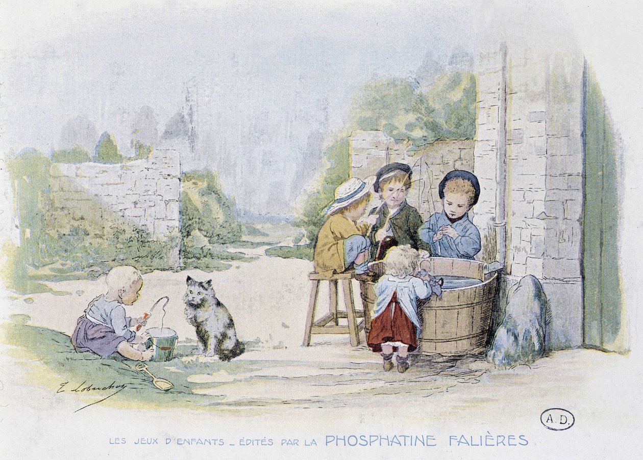 Juegos infantiles: el juego de pescar en un cubo - dib. de Lobrichon, ed. por Phosphatine Falieres, c.1920 de Timoleon Marie Lobrichon