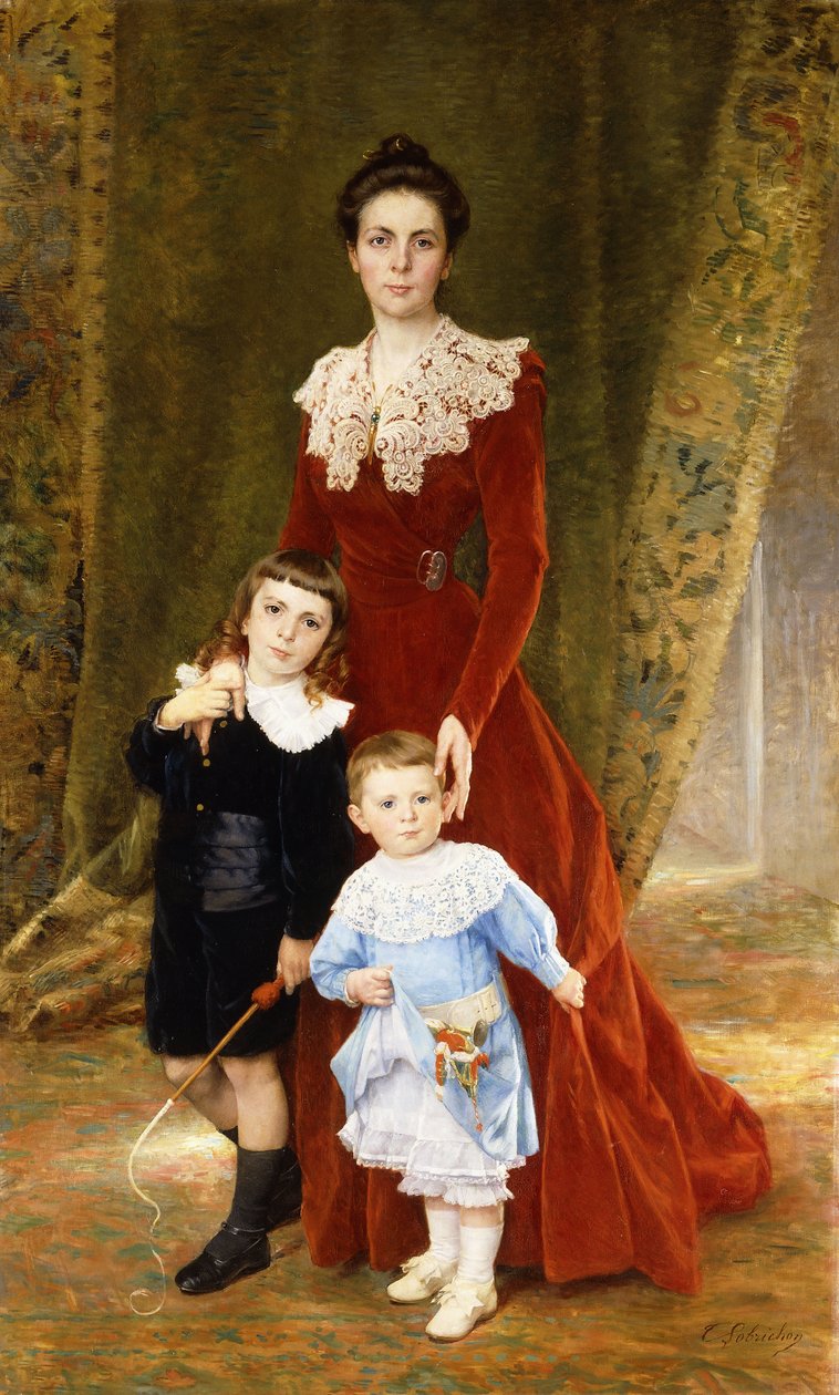 Retrato de una dama, de pie a cuerpo entero, con sus hijos de Timoleon Marie Lobrichon