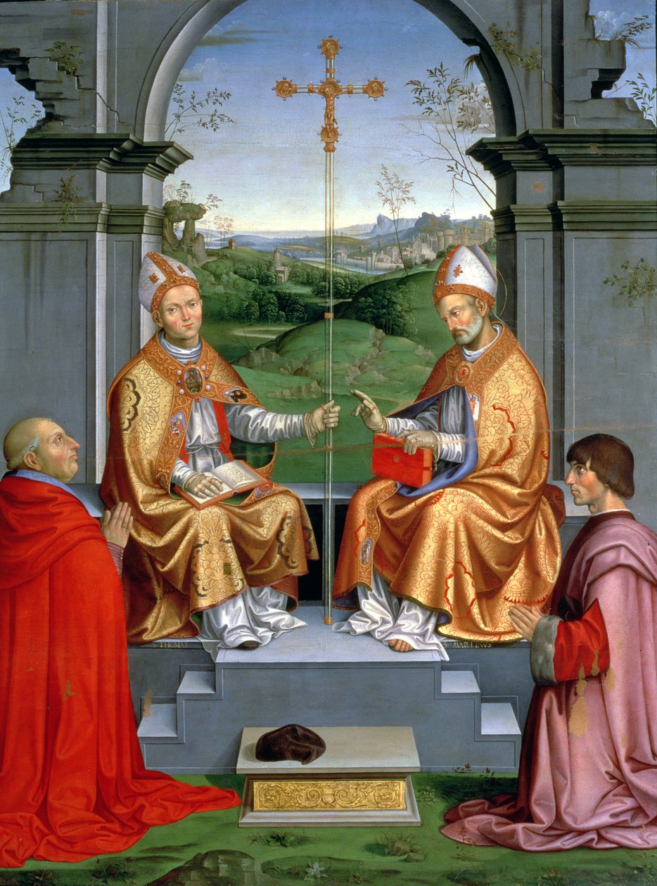 San Tomás Becket y San Martín de Tours con el Arzobispo Giovanni Pietro Arrivabene y Guidobaldo da Montefeltro, Duque de Urbino de Timoteo Viti