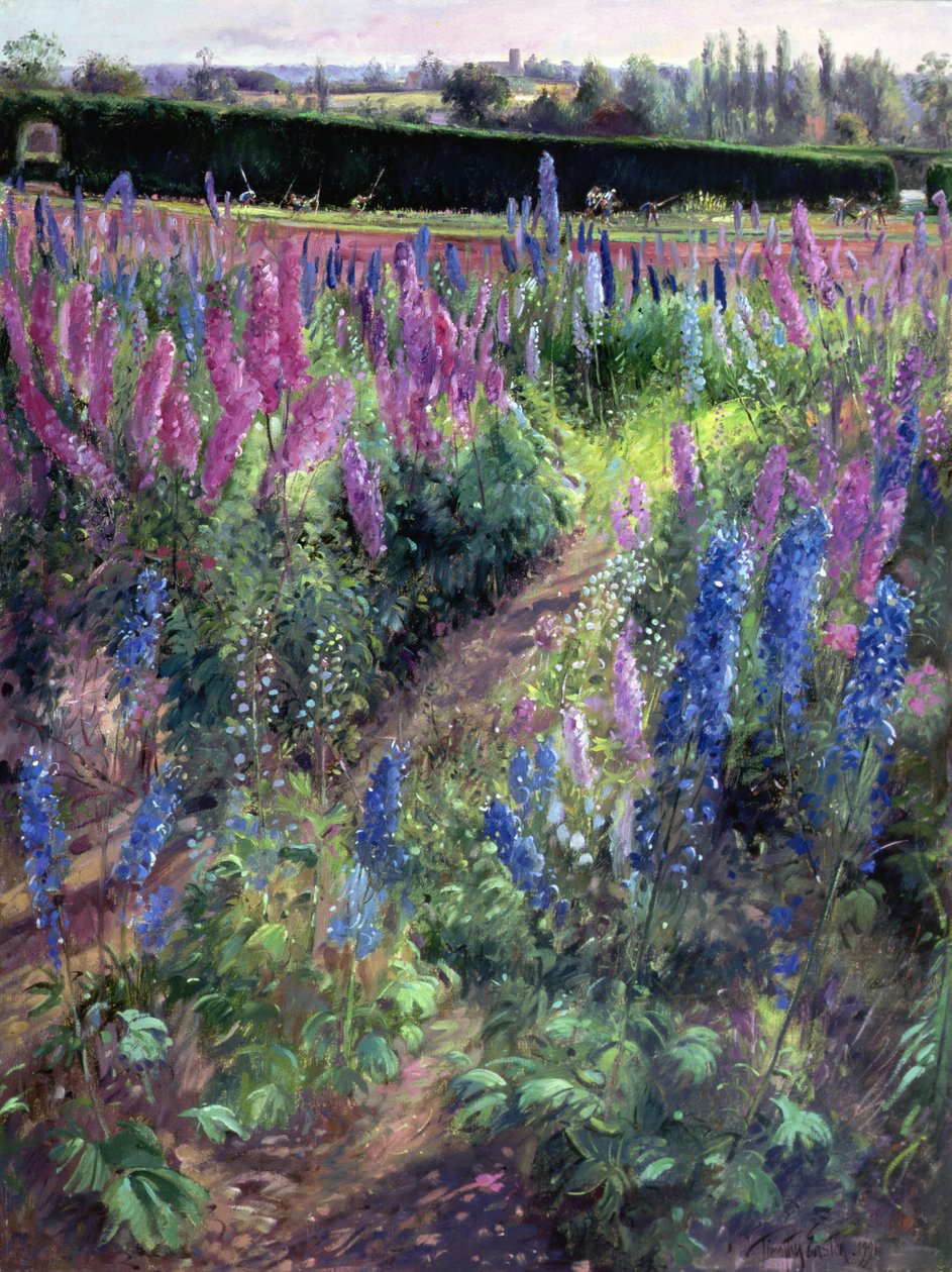 Campo de delphiniums y caballos, 1991 de Timothy Easton
