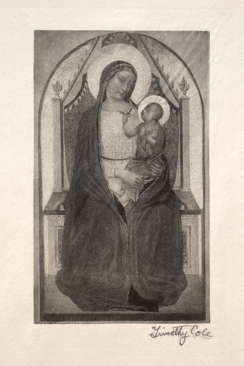 Viejos Maestros Italianos: Madonna entronizada con niño sosteniendo un pájaro, 1885 de Timothy Cole