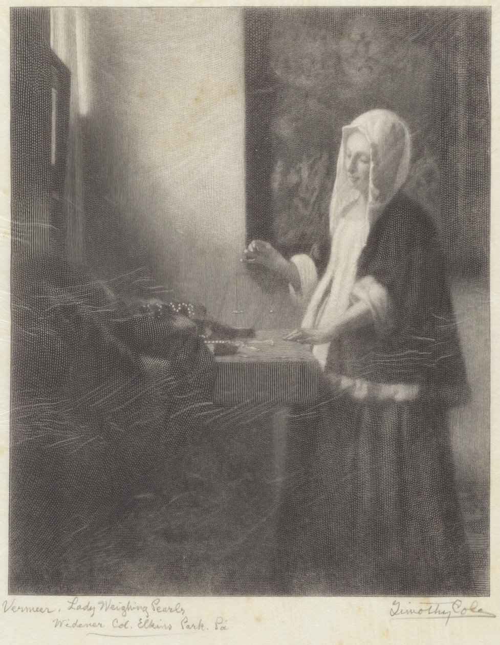 Mujer pesando perlas de Timothy Cole after Johannes Vermeer