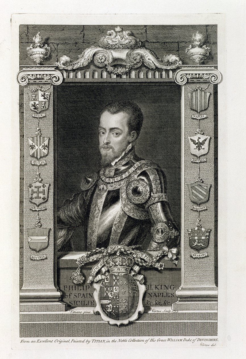 Felipe II (1527-98) Rey de España desde 1556, grabado por George Vertue (1684-1756) 1735 de Tiziano Vecelli