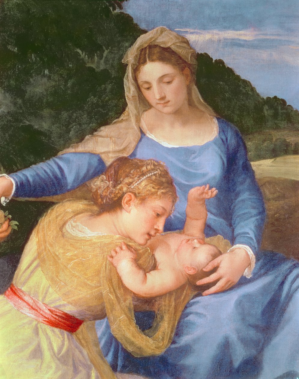 La Virgen y el Niño con San Juan Bautista y una Santa, (detalle) de la Virgen, el Niño Jesús y la santa, c.1530-35 de Tiziano Vecelli