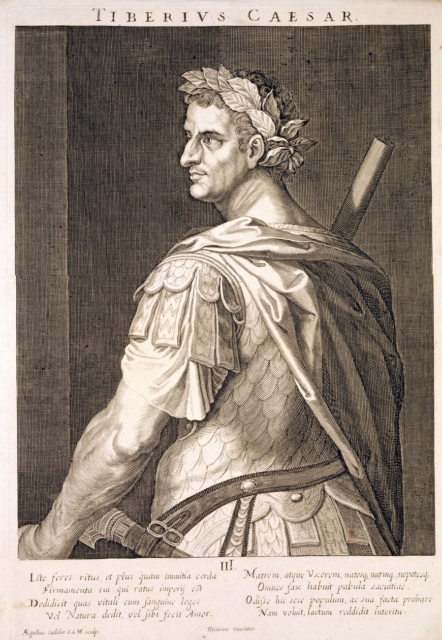 Tiberio César (10 a.C. - 54 d.C.) Emperador de Roma 14-37 d.C. grabado por Aegidius Sadeler (1570-1629) de Tiziano Vecelli