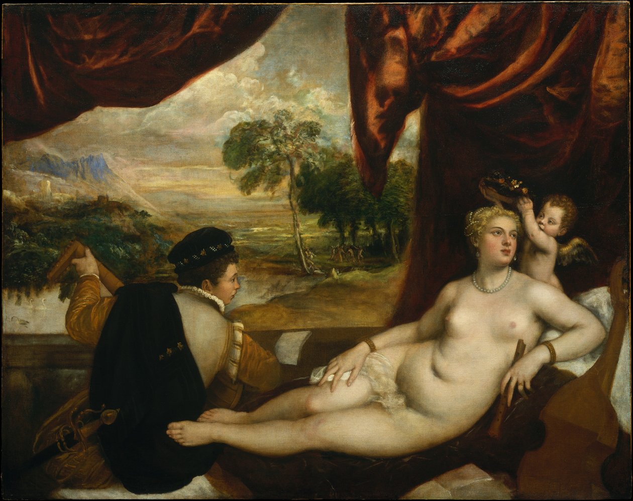 Venus y el laudista de Tiziano Vecelli