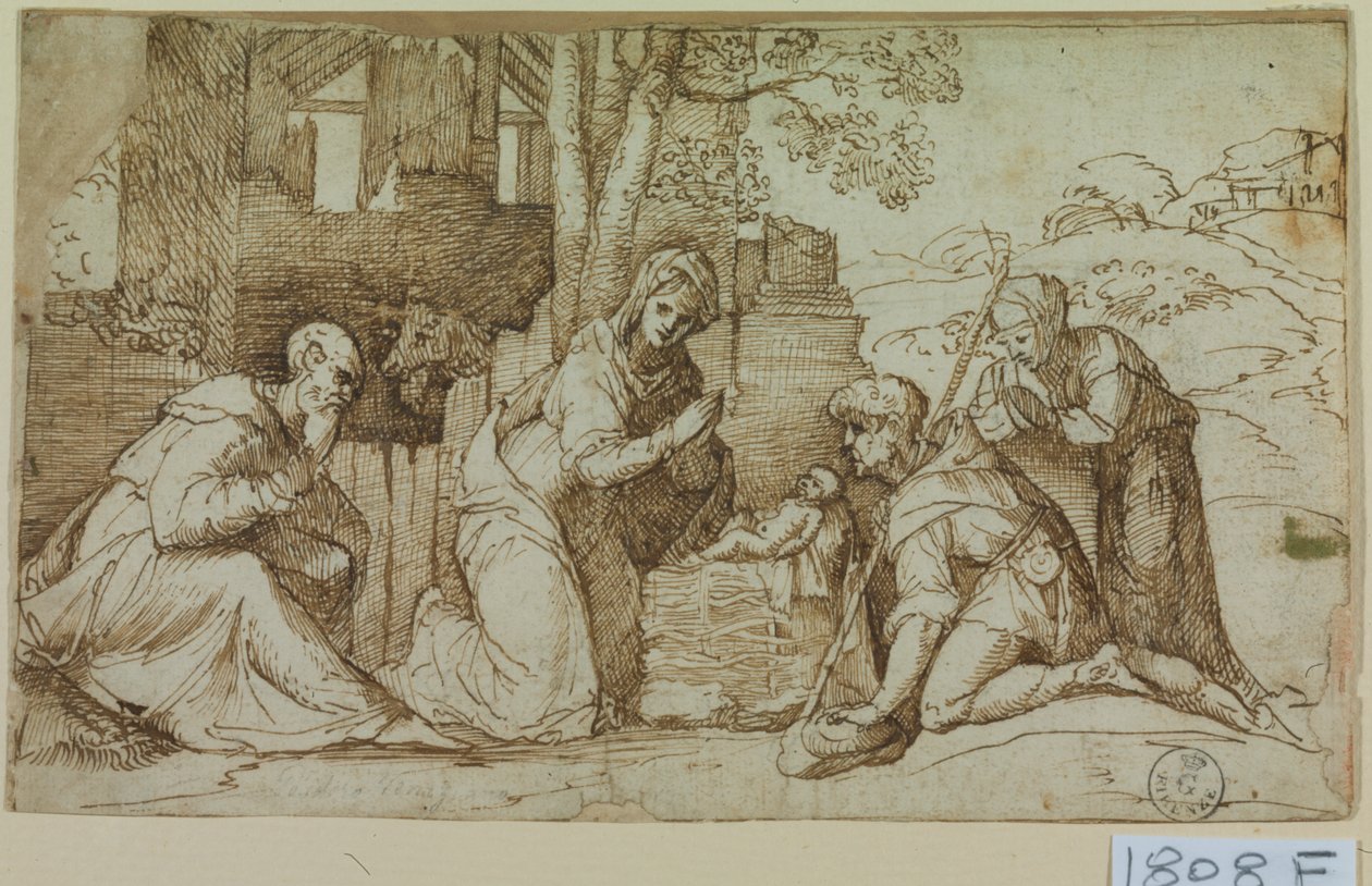 Adoración de los pastores (pluma y tinta sobre papel) de Titian (c.1488 1576)