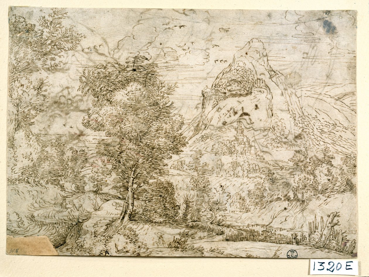 Paisaje con pájaros en vuelo (tinta sobre papel) de Titian (c.1488 1576)