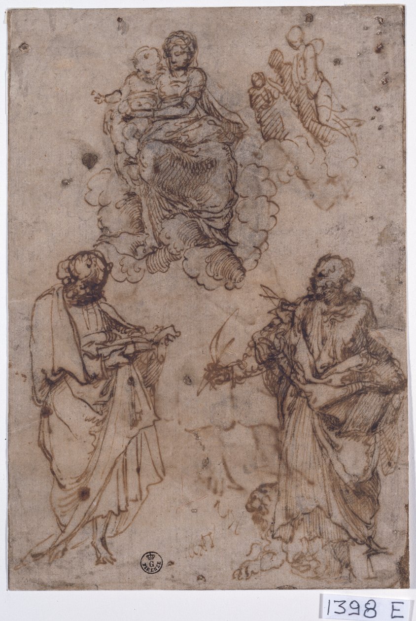 Virgen con el Niño sentados en las nubes con santos o apóstoles (pluma y tinta sobre papel) de Titian (c.1488 1576)