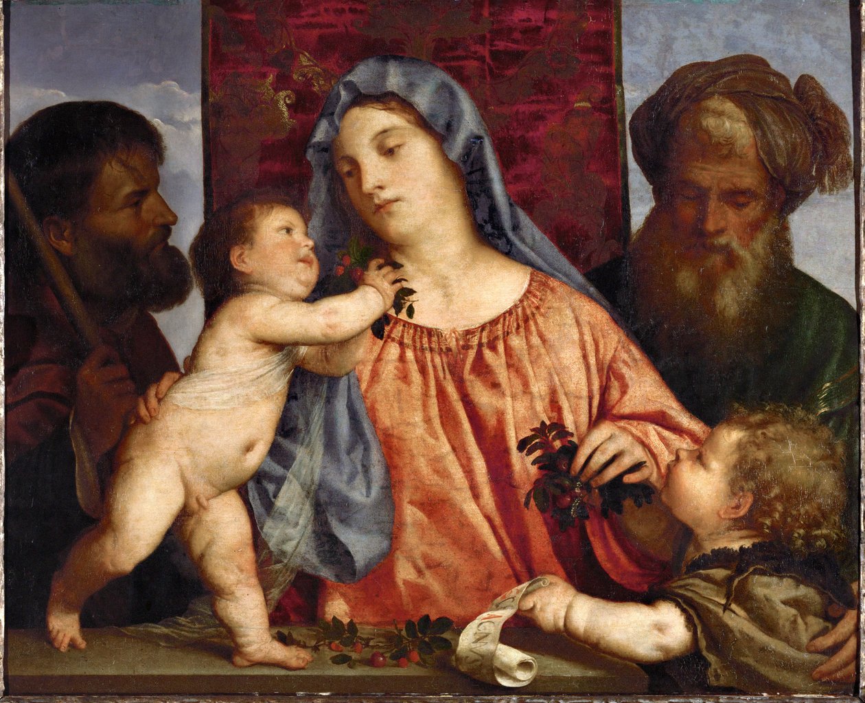 Madonna con cerezas ... (óleo sobre lienzo) de Titian (c.1488 1576)