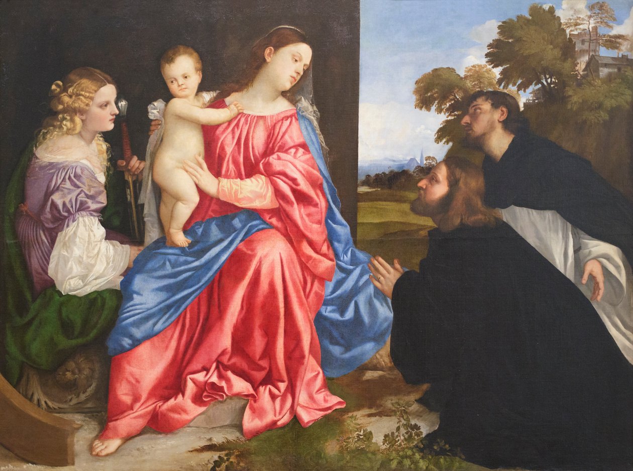 Conversación sagrada, con los santos Catalina y Domingo y el donante, c.1533 (óleo sobre lienzo) de Titian (c.1488 1576)