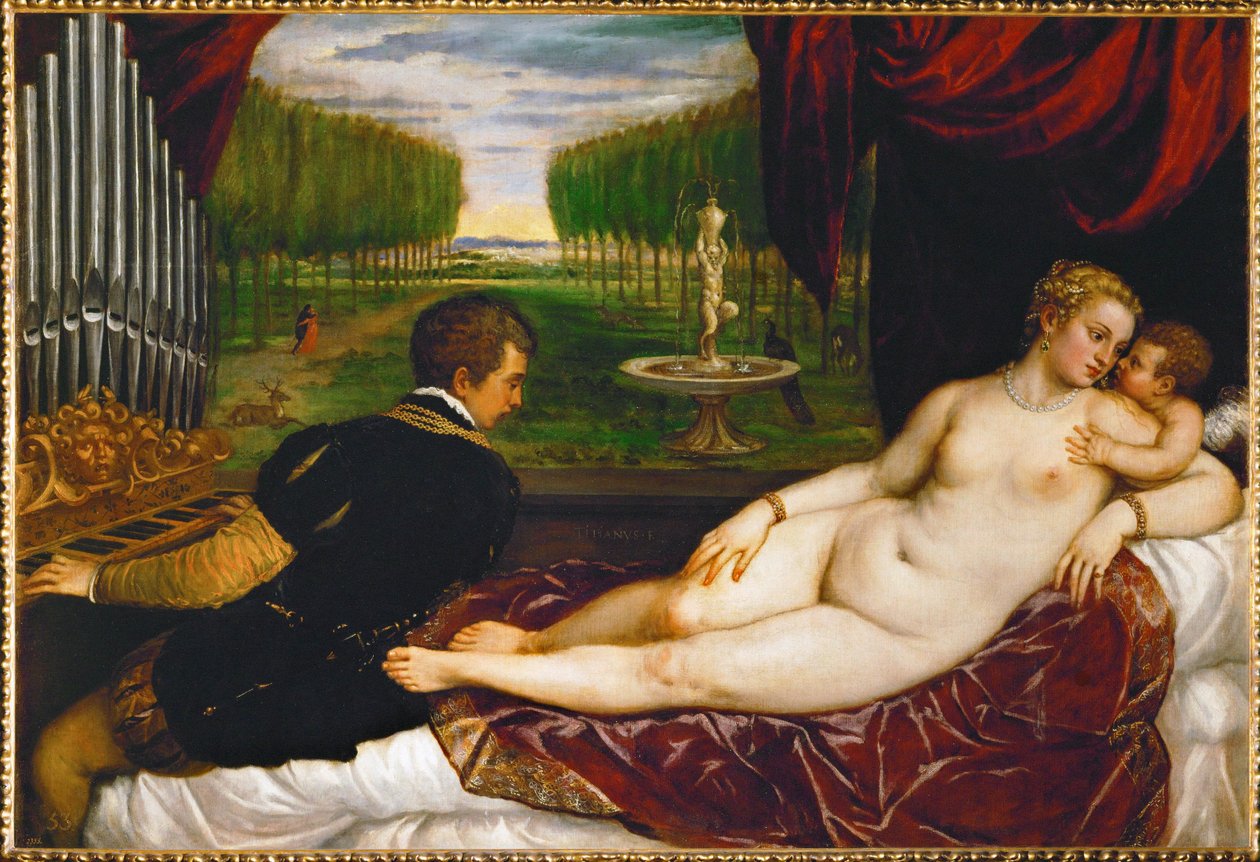 Venus, Cupido y un organista ... (pintura sobre lienzo) de Titian (c.1488 1576)