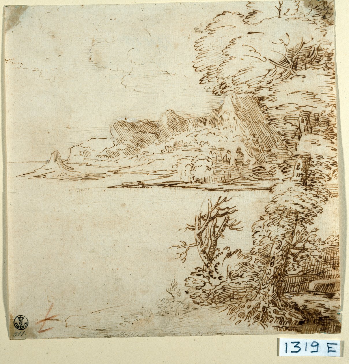 Vista de una costa montañosa (tinta sobre papel) de Titian (c.1488 1576)