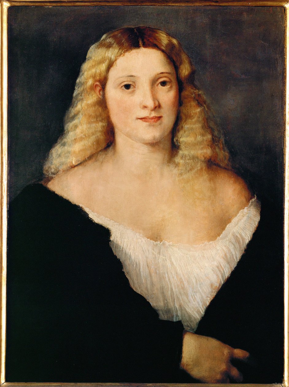 Mujer joven con vestido negro ... de Titian (c.1488 1576)