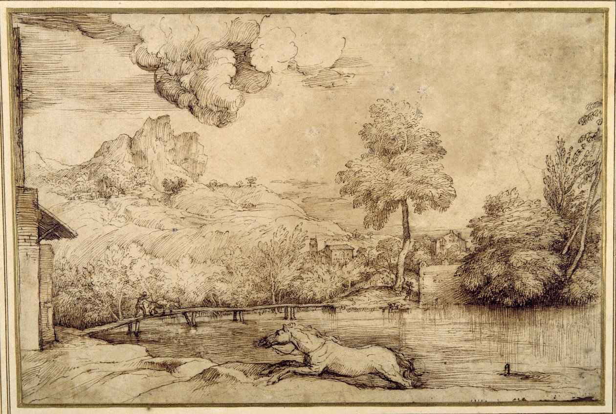 Paisaje: un caballo sin jinete perseguido por una serpiente de Titian (c.1488 1576)