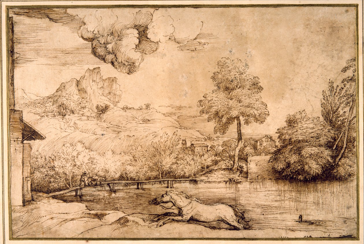 Paisaje: un caballo sin jinete perseguido por una serpiente de Titian (c.1488 1576)