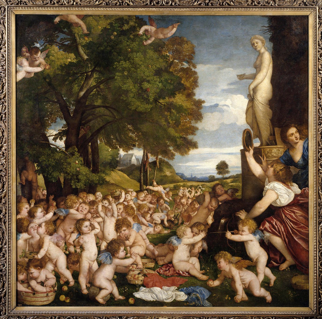 Ofrenda a Venus. Pequeños amores (angelotes) se reúnen para rendir homenaje a la diosa Afrodita - La adoración de Venus de Tiziano Vecelli