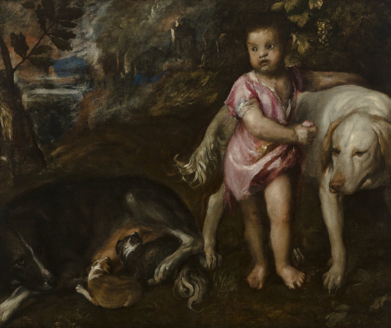 Niño con perros en un paisaje de Tiziano Vecelli