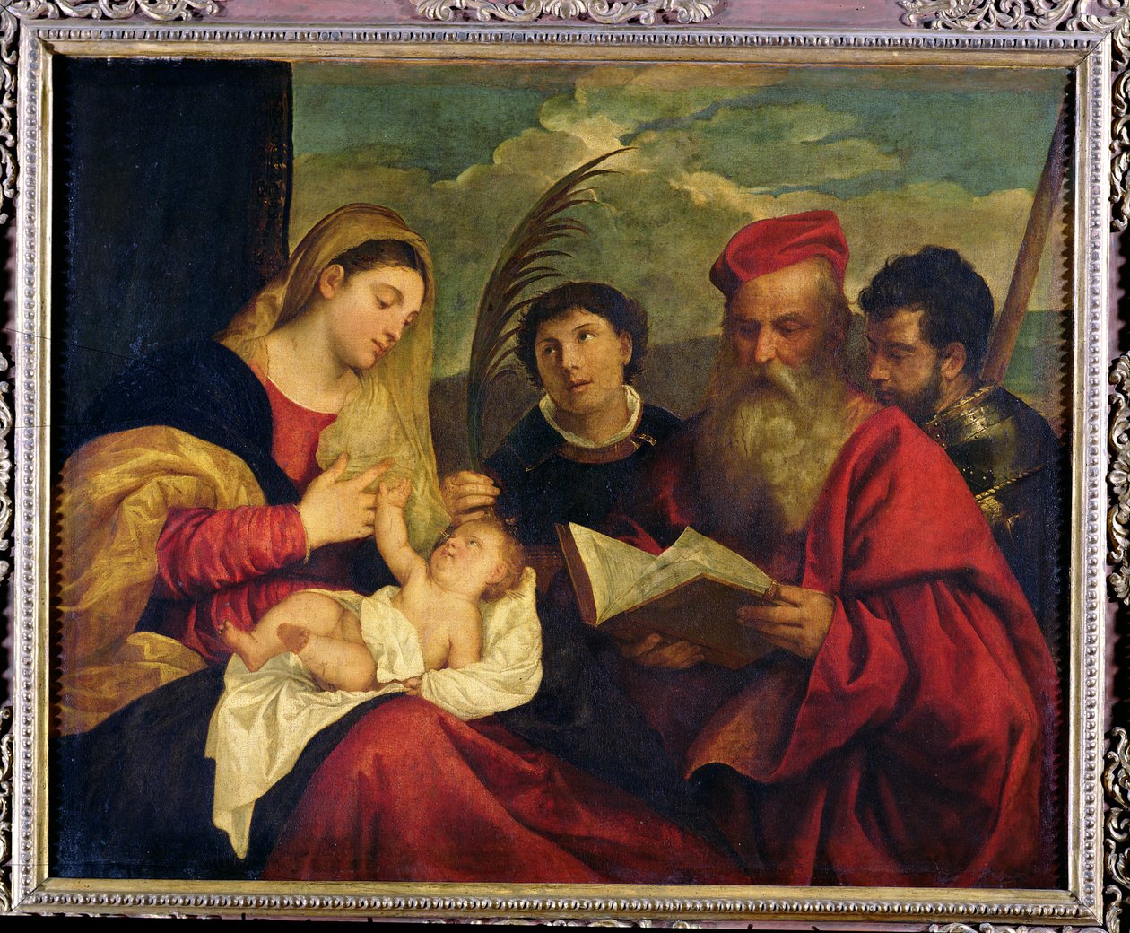 Madonna y el Niño con SS. Esteban, Jerónimo y Mauricio de Tiziano Vecelli