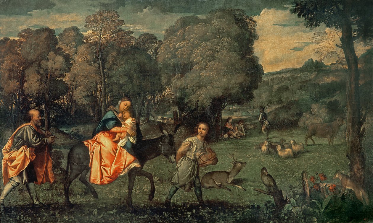 La Huida a Egipto, 1500s de Tiziano Vecelli