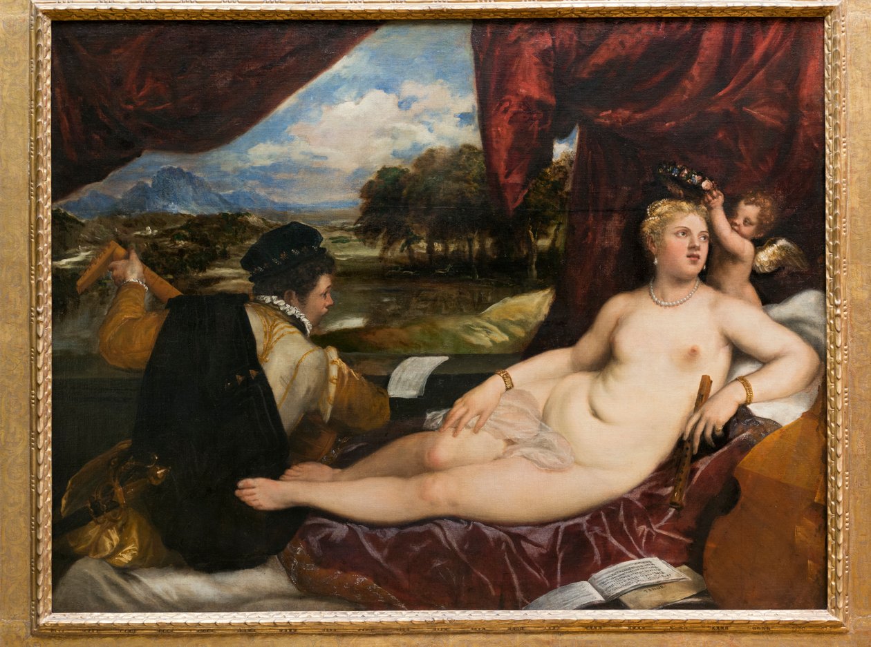Venus y Cupido con un Jugador de Laúd, 1555-65 de Tiziano Vecelli