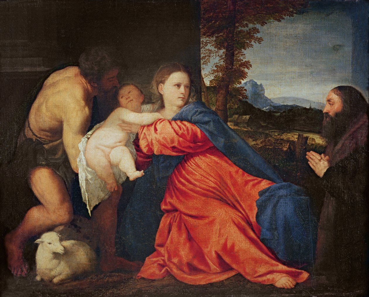 Virgen e Infante con San Juan Bautista y Donante de Tiziano Vecelli