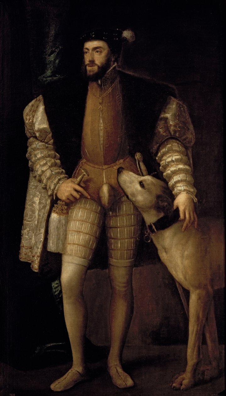 Carlos V, Emperador del Sacro Imperio Romano y Rey de España con su perro, 1533 de Tiziano Vecelli