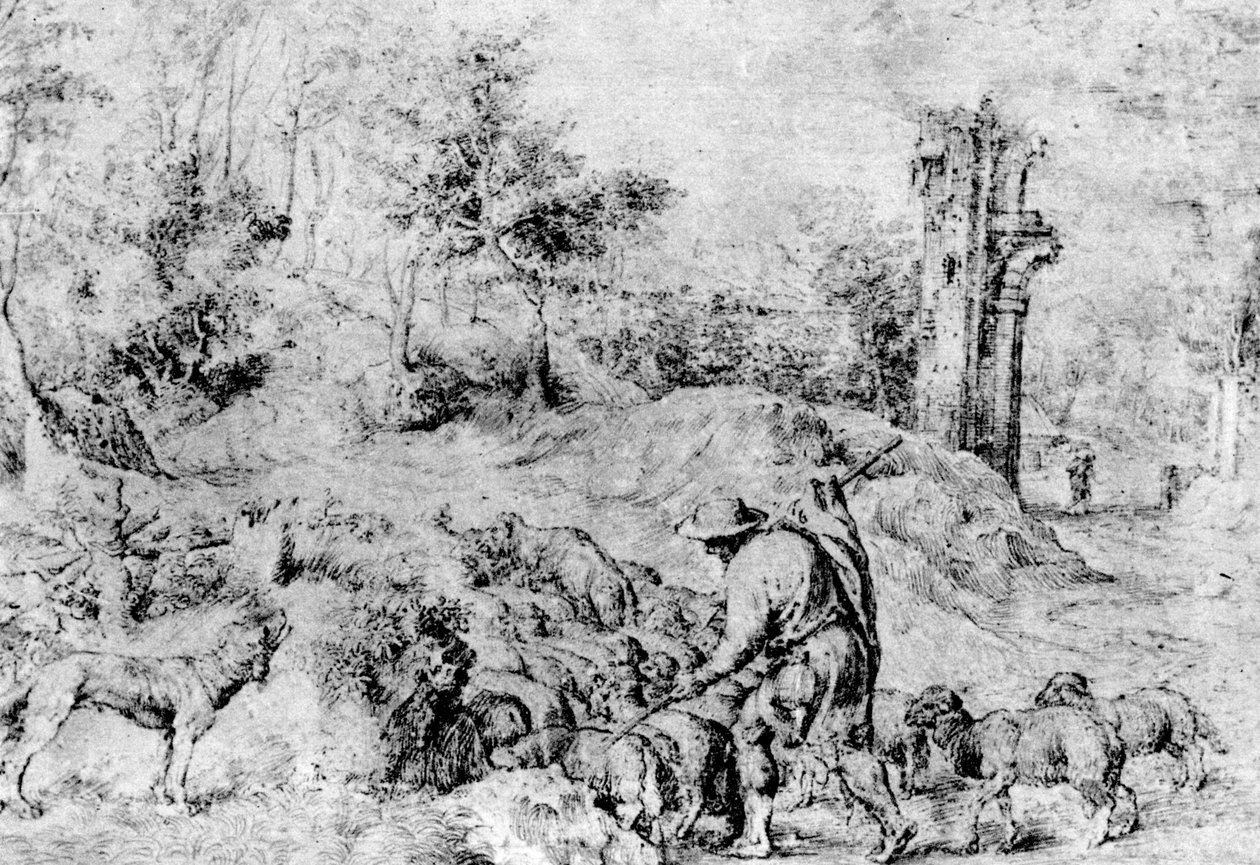 Paisaje con Pastor y Rebaño, c1520, 1937 de Tiziano Vecelli