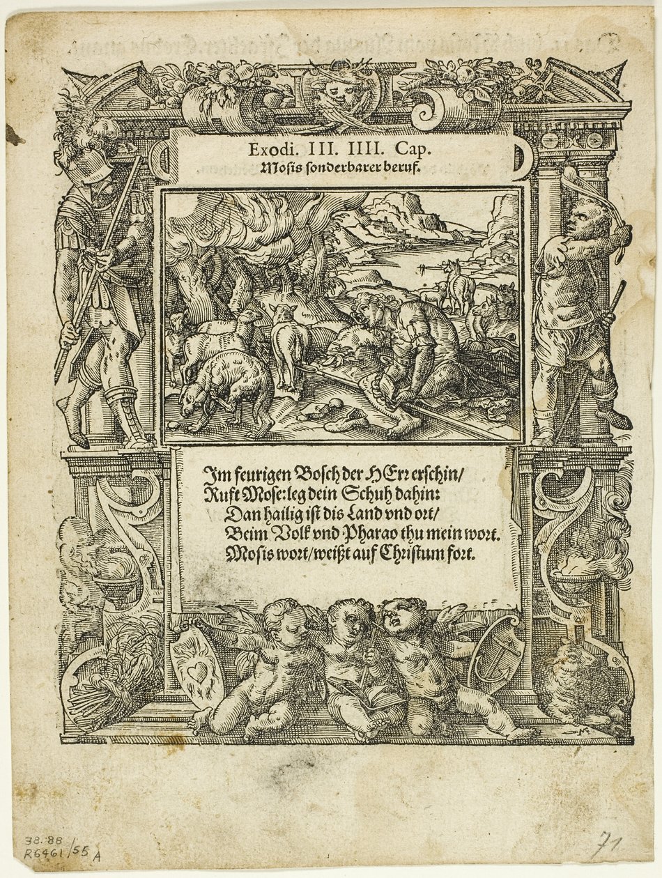 Moisés y la zarza ardiente (recto) y El infante Moisés puesto en el río (verso) de Neue künstlerische Figuren biblischer Historien, placa 55 de xilografías de libros del siglo XVI de Tobias Stimmer