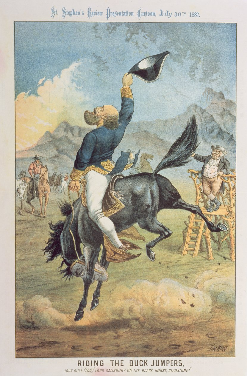 Montando los saltadores de hebilla, Lord Salisbury en el caballo negro, Gladstone, de 