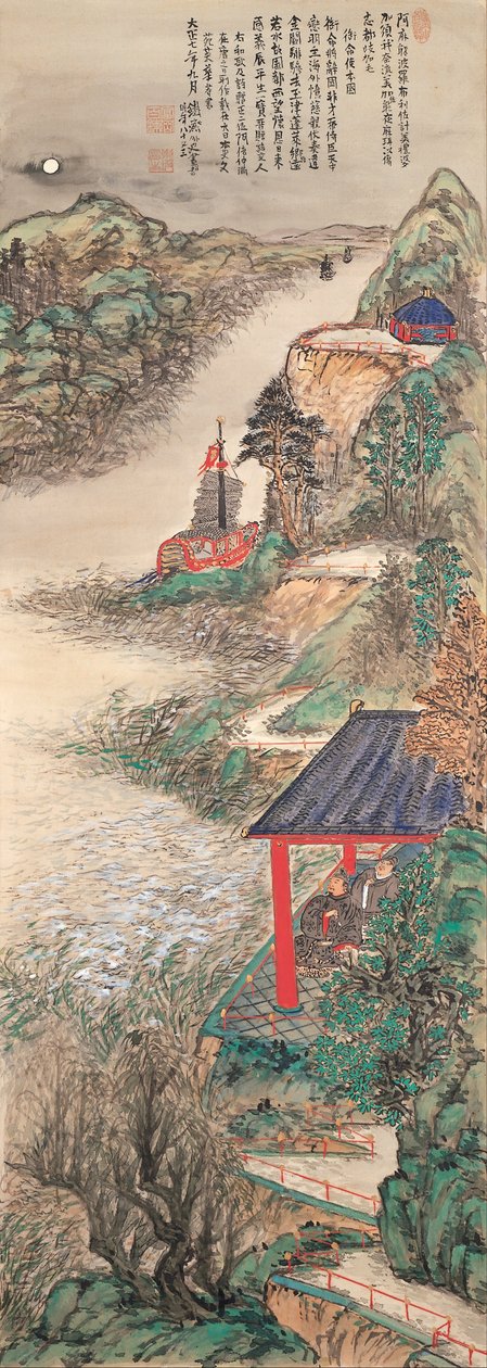 Abe-no-Nakamaro escribiendo un poema nostálgico mientras observa la luna de Tomioka Tessai