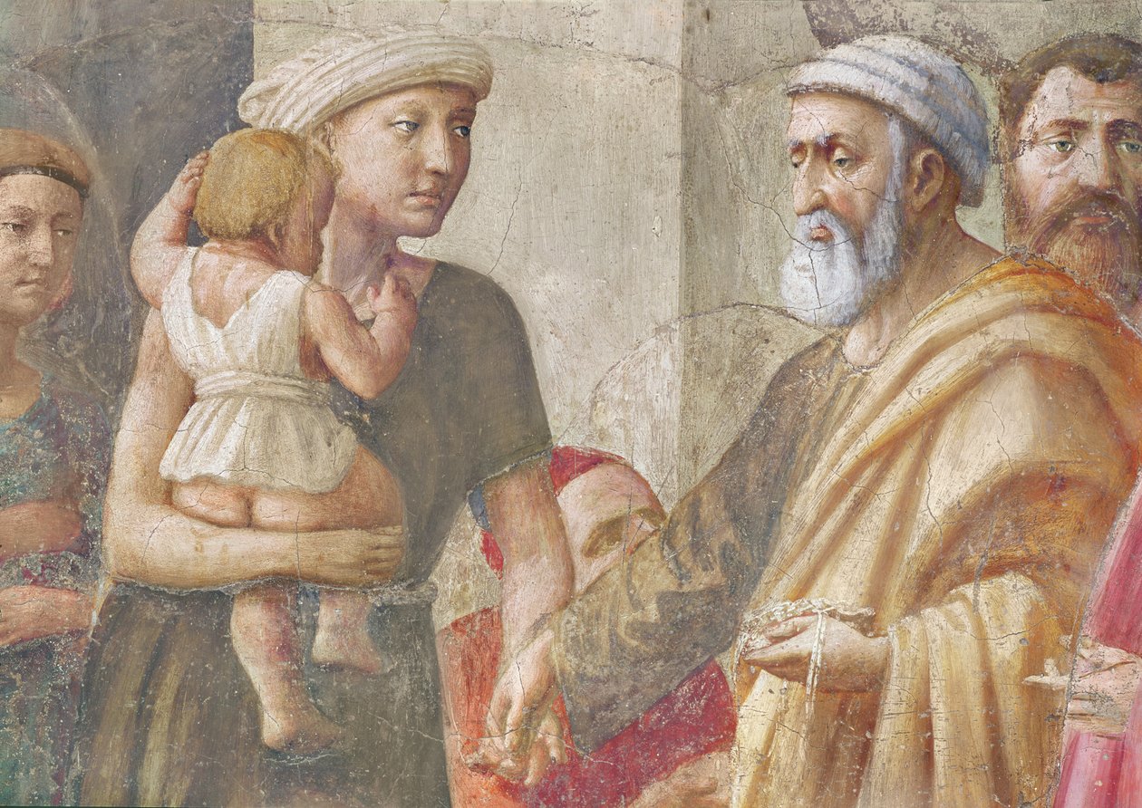Detalle de San Pedro y la mujer y el niño, de San Pedro y San Pablo distribuyendo limosnas, c.1426 (fresco) (detalle) de Tommaso Masaccio