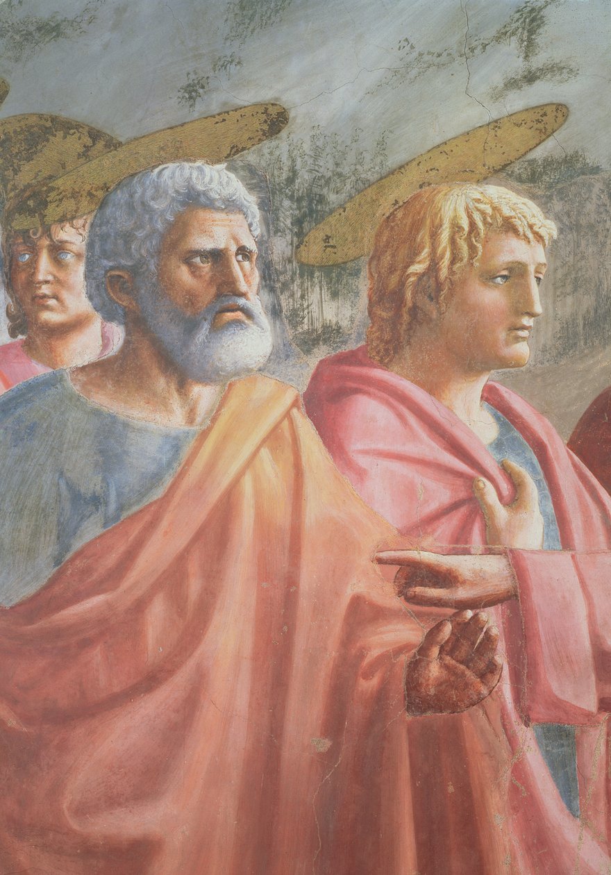 El Dinero del Tributo: San Pedro ordenado por Cristo a pescar un pez, también San Juan Evangelista, c.1427 de Tommaso Masaccio