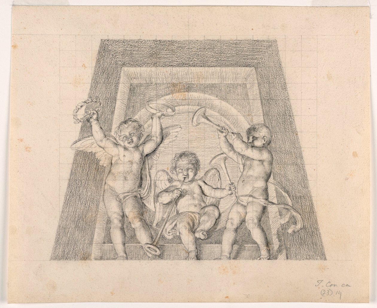 Tres putti con trompetas, diseño para luneta de la Sala delle Muse, Museo Pio-Clementino, Vaticano de Tommaso Maria Conca