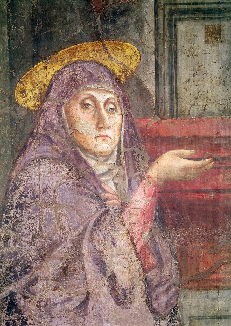 La Santísima Trinidad, detalle de la cabeza de la Virgen María (detalle) de Tommaso Masaccio