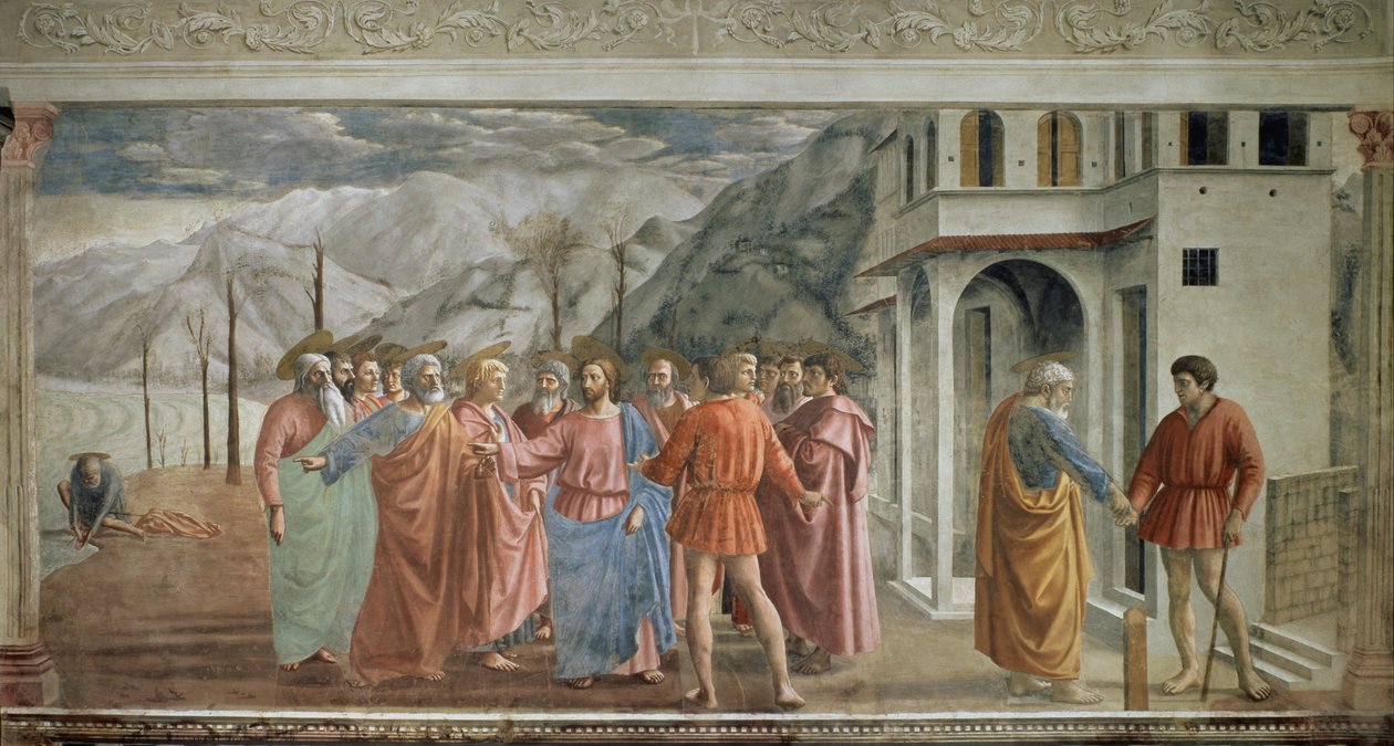 El pago del tributo (Il tributo) - Fresco de Tommaso di ser Giovanni di Mone Cassai llamado Masaccio (1401-1428), 254,5x598,3 cm de Tommaso Masaccio