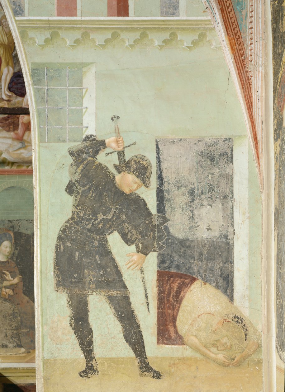 Ciclo vital de San Juan Bautista: Soldado a punto de decapitar a Juan Bautista de Tommaso Masolino da Panicale